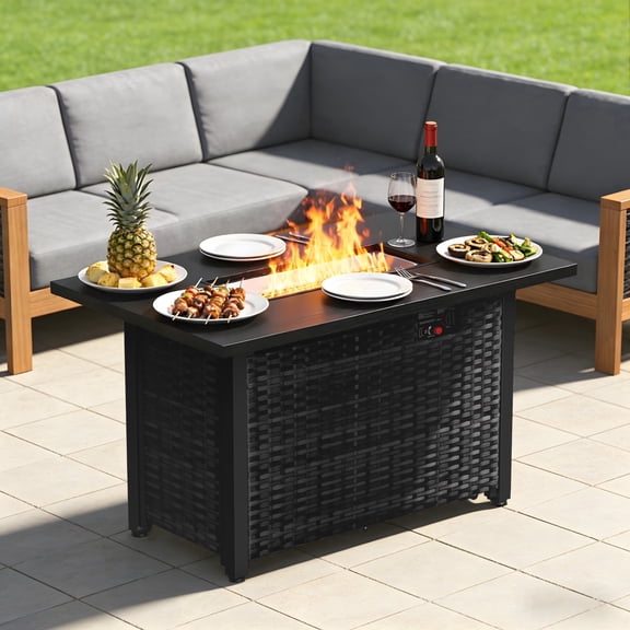 Kissair 42" Propane Fire Pit Table , 50,000 BTU Gas Outdoor Fire Pit, Large Rectangle Black Firepits Dining Table with Glass Wind Guard for Patio, Garden & Backyard ,Black