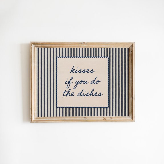 Kisses If You Do Dishes Blue Striped Kitchen Quote Kitchen Dining Room Cafe Decor Wall Decor Unframed Paper Print