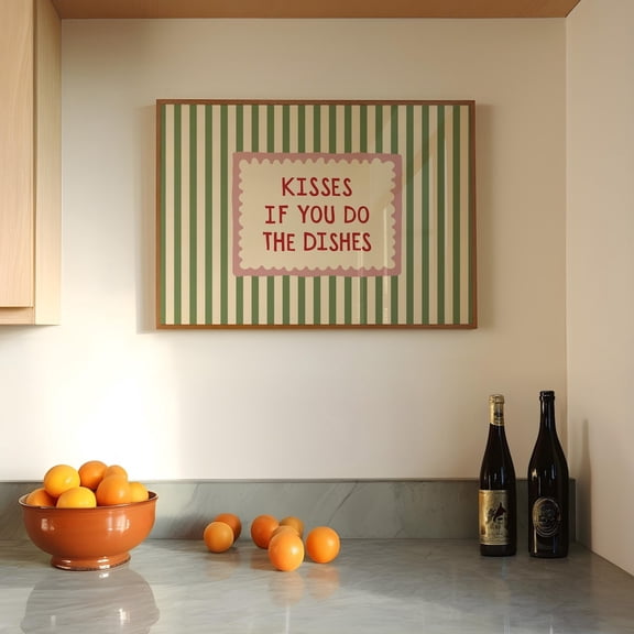 Kisses If You Do Dishes Green Kitchen Quote Art, Unframed Canvas 8x10in