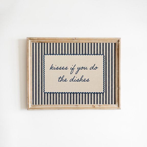 Kisses If You Do Dishes Kitchen Quote Blue Striped Kitchen Dining Room Cafe Decor Wall Decor Unframed Paper Print