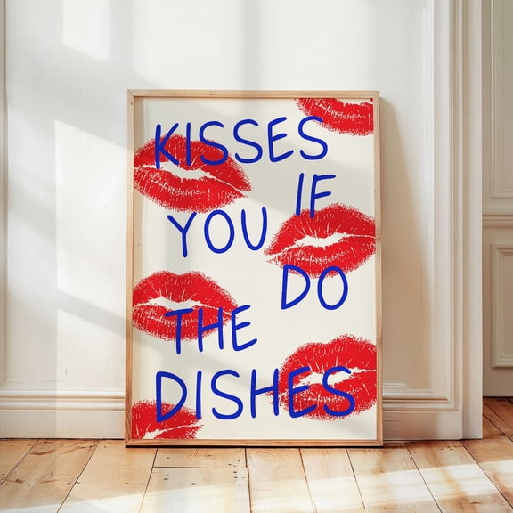 Kisses If You Do The Dishes Kitchen Wall Art For Chef Above Sink Decor Typography Mid Century, Unframed Canvas
