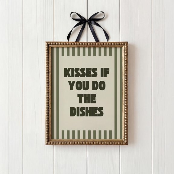 Kisses If You Do The Dishes Quote Print Emerald Green Kitchen Decor Retro Typography