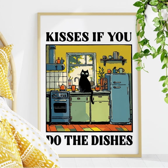 Kisses for Dishes Cat Wall Art Retro Kitchen Decor, Stretched Canvas Size 8x12