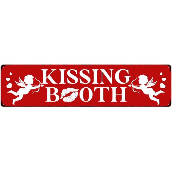 Kissing Booth Cupid Heart Pattern Metal Tin Sign Valentine's Day Wall Art Decoration Home Farmhouse Bar Kitchen Living Room Coffee Corner White Day Decor Romantic Gift (Red, 4"x16")