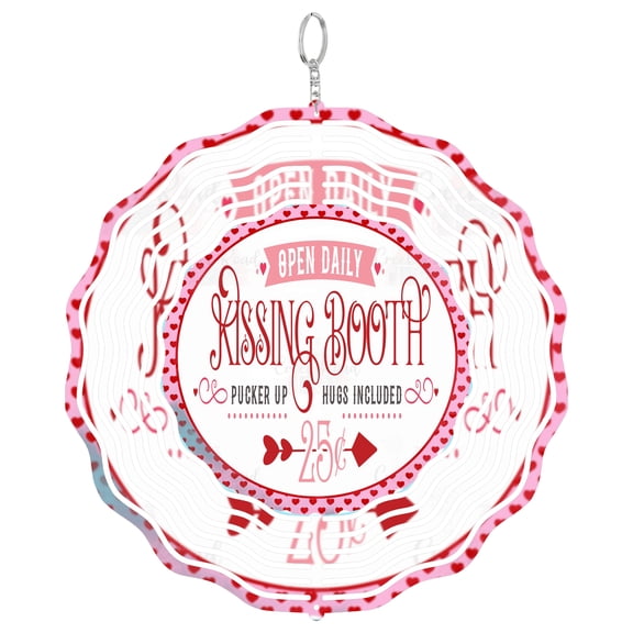 Kissing Booth Open Daily Red Pink Border 3D Wind Spinner, Stainless Steel Kinetic Art, Romantic Garden Decor Gift, Round