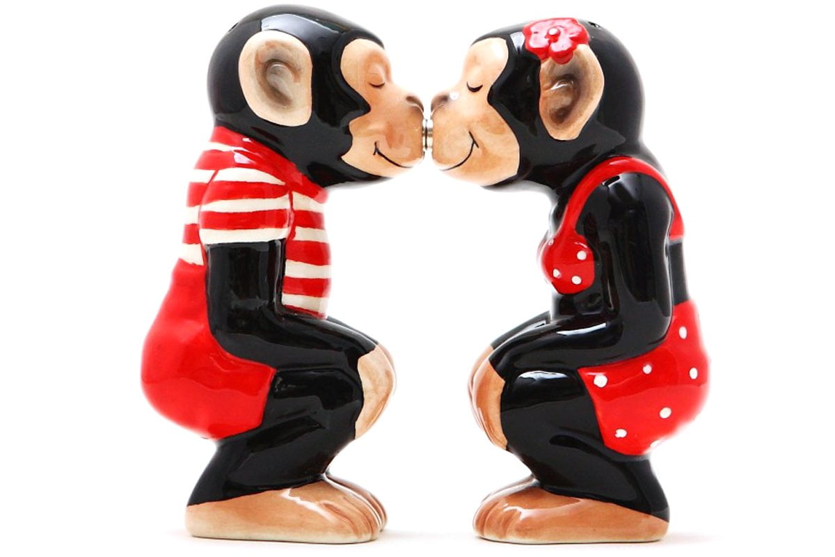 Hand-Painted Ceramic Kissing Chimp Salt and Pepper Shaker Set