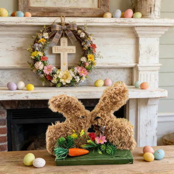 Kissing Couple Rabbit Figurine Handmade Cloth Animal Ornament Decorative Base Spring Home Decor Tabletop Shelf Display Collectible Gift Decorative Accent Ornament Figurine Set