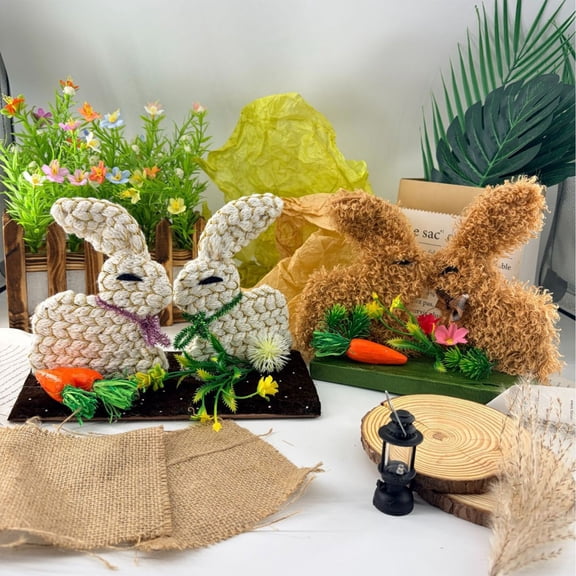 Kissing Couple Rabbit Figurine Handmade Cloth Ornament with Sturdy Base for Home and Holiday Decoration