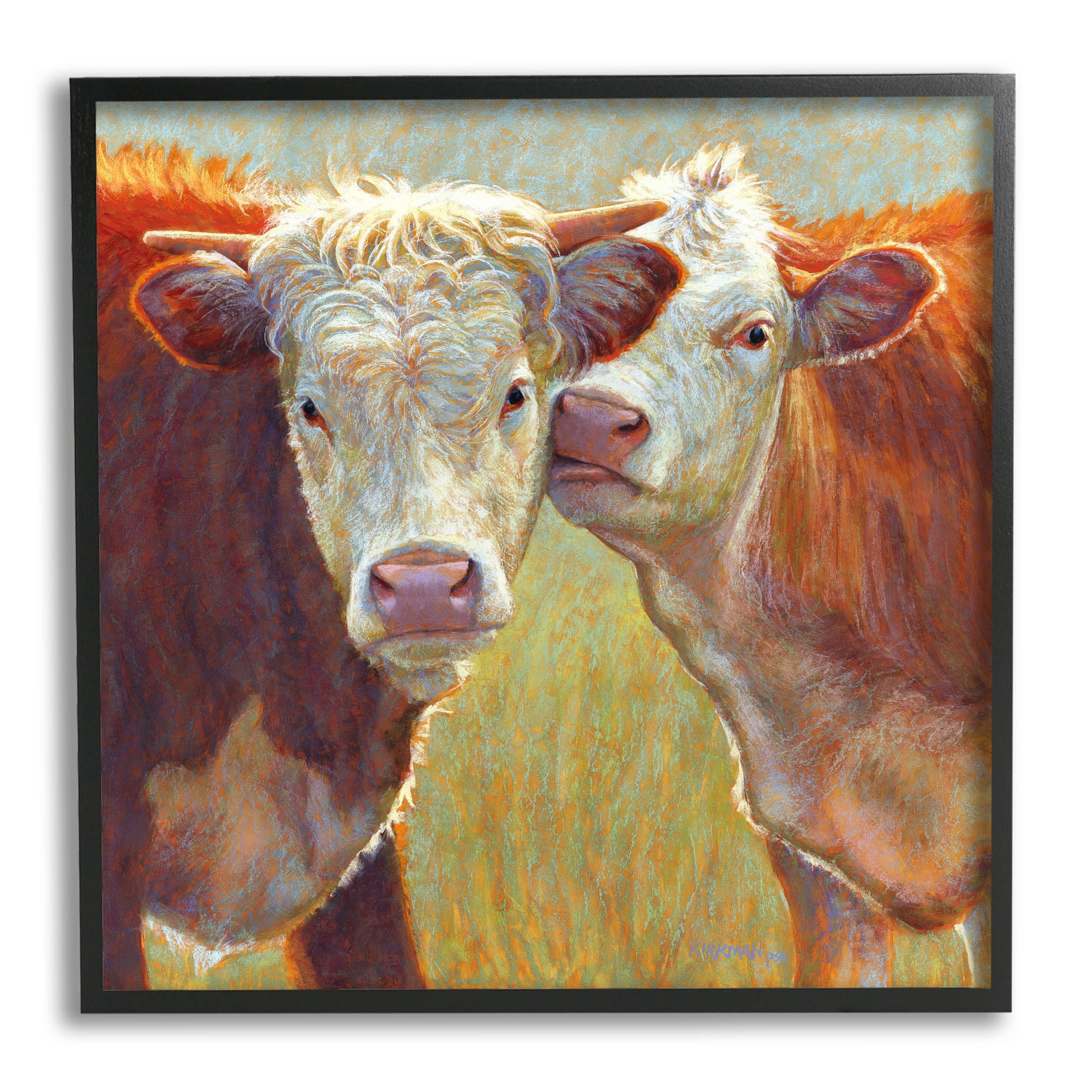 Kissing Cows Farm Animals Animals & Insects Painting Black Framed Art Print Wall Art