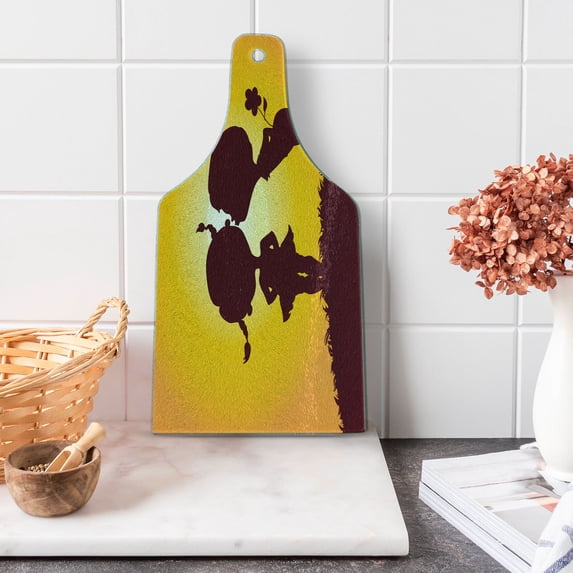 Kissing Cutting Board, Children Silhouettes in Sun Cartoonish Bicolour Image, Decorative Tempered Glass Cutting and Serving Board, in 3 Sizes, by Ambesonne