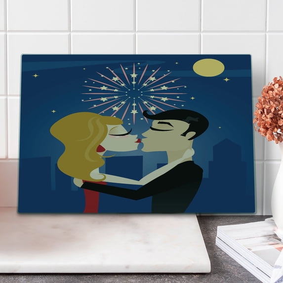 Kissing Cutting Board, Doodle Drawing Couple Love at Night Sky with Fireworks and Moon, Decorative Tempered Glass Cutting and Serving Board, in 3 Sizes, by Ambesonne
