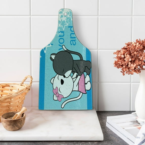 Kissing Cutting Board, Doodle Illustration with Cats Romance Stars Love You and Me Lettering, Decorative Tempered Glass Cutting and Serving Board, in 3 Sizes, by Ambesonne