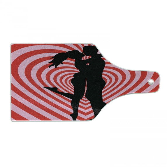 Kissing Cutting Board, Standing Man and Woman Silhouette on Whirlpool Design Heart, Decorative Tempered Glass Cutting and Serving Board, in 3 Sizes, by Ambesonne