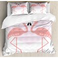 thumbnail image 1 of Kissing Duvet Cover Set, Flamingo Birds in Front of Pinkish Heart Shape Illustration on Plain Background, Decorative 3 Piece Bedding Set with 2 Pillow Shams, Calking Size, White Blush, by Ambesonne, 1 of 3