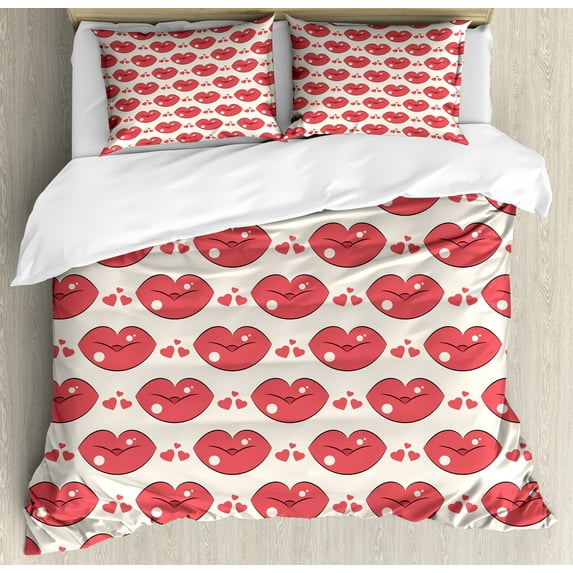Kissing Duvet Cover Set, Love Themed Numerous Continuous Demonstration of Lip and Heart Motifs, Decorative 3 Piece Bedding Set with 2 Pillow Shams, King Size, Dark Coral and Champagne, by Ambesonne