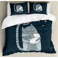 thumbnail image 1 of Kissing Duvet Cover Set, Nocturnal Themed Cartoon Demonstrated Cat Motif Caring Mouse Meow, Decorative 3 Piece Bedding Set with 2 Pillow Shams, King Size, Dark Slate Blue Blue Grey, by Ambesonne, 1 of 3