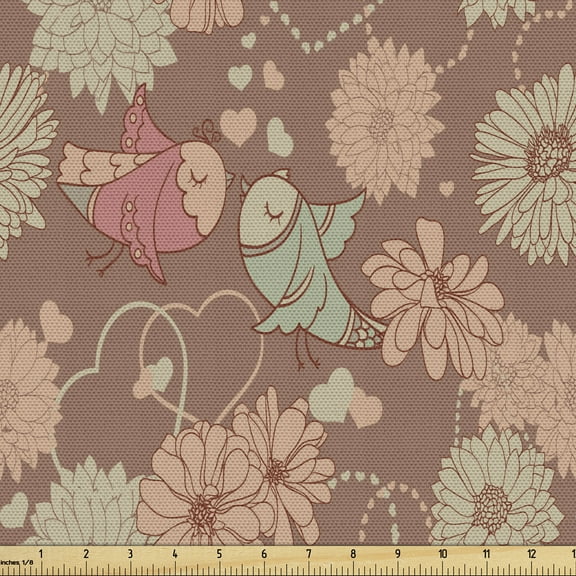 Kissing Fabric by the Yard, Vintage Inspired Love Themed Pattern with Doodle Birds and Flowers Print, Decorative Upholstery Fabric for Sofas and Home Accents, 10 Yards, Multicolor by Ambesonne