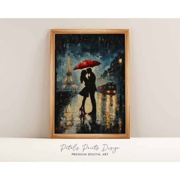 Kissing In The Rain Print, Vintage French Lovers Art Home Decor #2119, Unframed Poster Size 8x12