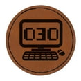 thumbnail image 1 of Kissing Kawaii Computer Face Emoticon 2.5" Faux Leather Round Engraved Iron-On Patch - Brown, 1 of 6