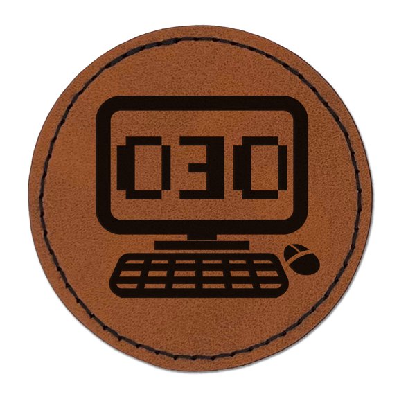 Kissing Kawaii Computer Face Emoticon 2.5" Faux Leather Round Engraved Iron-On Patch - Brown