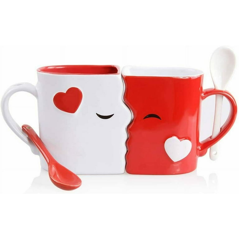 Kissing Mugs Set Two Large Cups, Each with Matching Spoon
