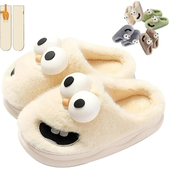 Kissing Slippers 3D Cute Big-Eyed Dog Couple Slippers, Funny Cartoon Plush House Slippers with Non-Slip Sole, Warm Winter Fuzzy Slippers with Gift Socks