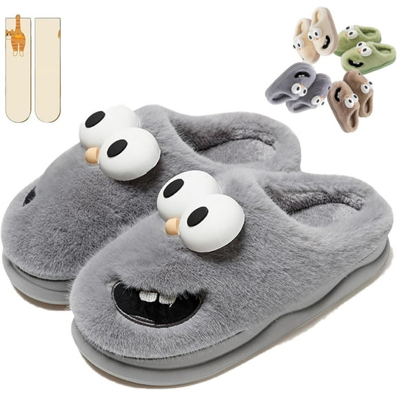 Kissing Slippers 3D Cute Big-Eyed Dog Couple Slippers, Funny Cartoon Plush House Slippers with Non-Slip Sole, Warm Winter Fuzzy Slippers with Gift Socks