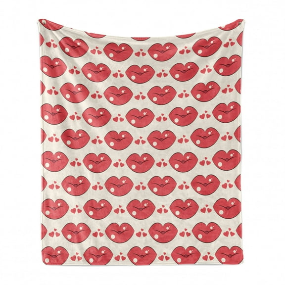 Kissing Soft Flannel Fleece Blanket, Love Themed Numerous Continuous Demonstration of Lip and Heart Motifs, Cozy Plush for Indoor and Outdoor Use, 50" x 70", Dark Coral and Champagne, by Ambesonne