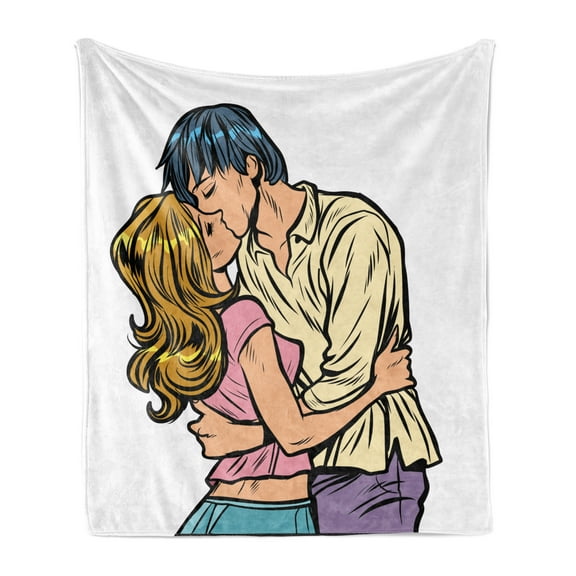 Kissing Soft Flannel Fleece Blanket, Valentine Themed Comic Book Illustration of Young Amorous Couple on Plain Backdrop, Cozy Plush for Indoor and Outdoor Use, 50" x 60", Multicolor, by Ambesonne