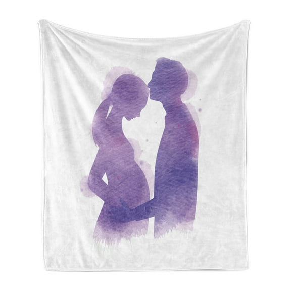 Kissing Soft Flannel Fleece Blanket, Watercolor Painted Husband Caressing His Pregnant Wife Shadowed Silhouettes, Cozy Plush for Indoor and Outdoor Use, 60" x 80", Lavender and White, by Ambesonne