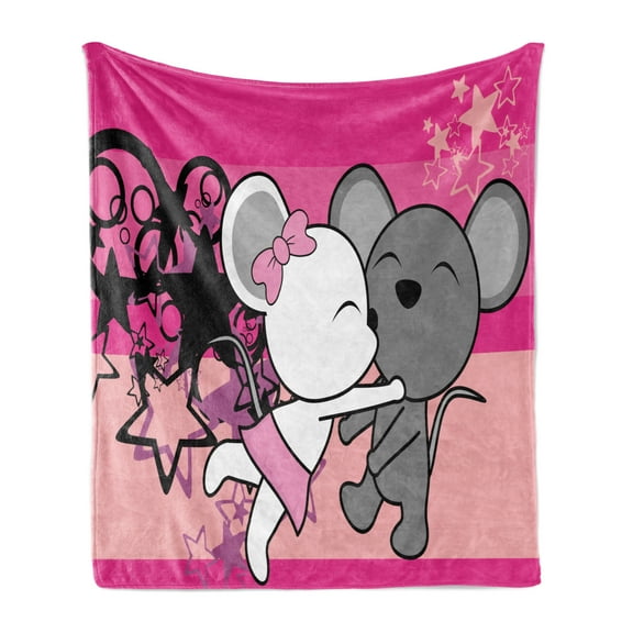Kissing Soft Flannel Fleece Throw Blanket, Cartoon Mouse Couple Hugging Each Other and Numerous Star Shapes on Backdrop, Cozy Plush for Indoor and Outdoor Use, 60" x 80", Multicolor, by Ambesonne
