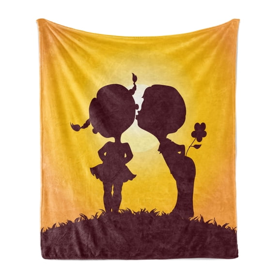 Kissing Soft Flannel Fleece Throw Blanket, Children Silhouettes in Sun Cartoonish Bicolour Image, Cozy Plush for Indoor and Outdoor Use, 70" x 90", Dark Maroon Pale Orange, by Ambesonne