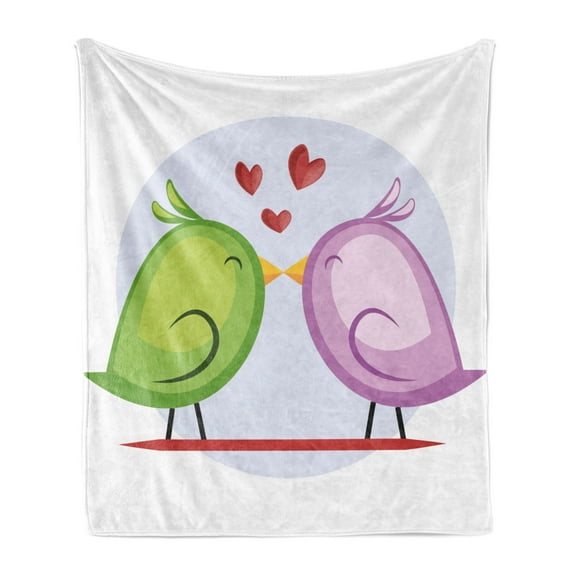 Kissing Soft Flannel Fleece Throw Blanket, Green and Mauve Birds Illustration Ahead of Circle Pattern on Plain Background, Cozy Plush for Indoor and Outdoor Use, 60" x 80", Multicolor, by Ambesonne