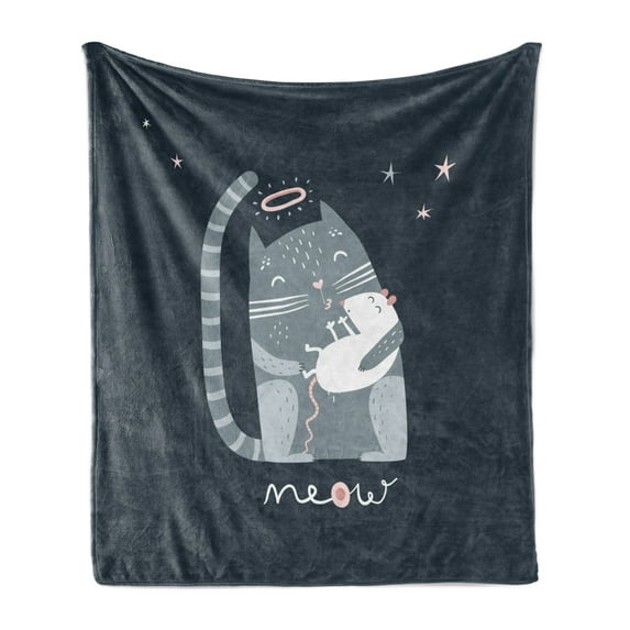 Kissing Soft Flannel Fleece Throw Blanket, Nocturnal Themed Cartoon Demonstrated Cat Motif Caring Mouse Meow, Cozy Plush for Indoor and Outdoor Use, 50" x 60", Dark Slate Blue Blue Grey, by Ambesonne