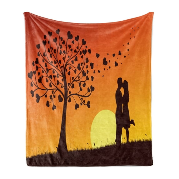 Kissing Soft Flannel Fleece Throw Blanket, Ombre Sky Love Tree Romantic Couple Silhouette, Cozy Plush for Indoor and Outdoor Use, 70" x 90", Seal Brown Burnt Orange, by Ambesonne