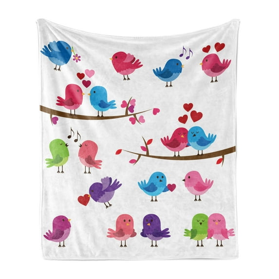 Kissing Soft Flannel Fleece Throw Blanket, Romantic Illustration with Colorful Birds in Love Singing on Branches, Cozy Plush for Indoor and Outdoor Use, 60" x 80", Multicolor, by Ambesonne