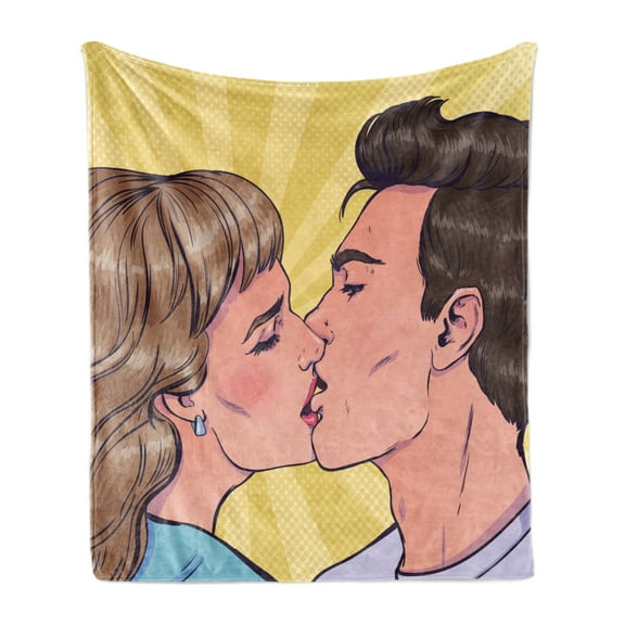 Kissing Soft Flannel Fleece Throw Blanket, Valentine Romance Themed Comic Book Pattern of Passionate Man and Woman in Love, Cozy Plush for Indoor and Outdoor Use, 50" x 70", Multicolor, by Ambesonne