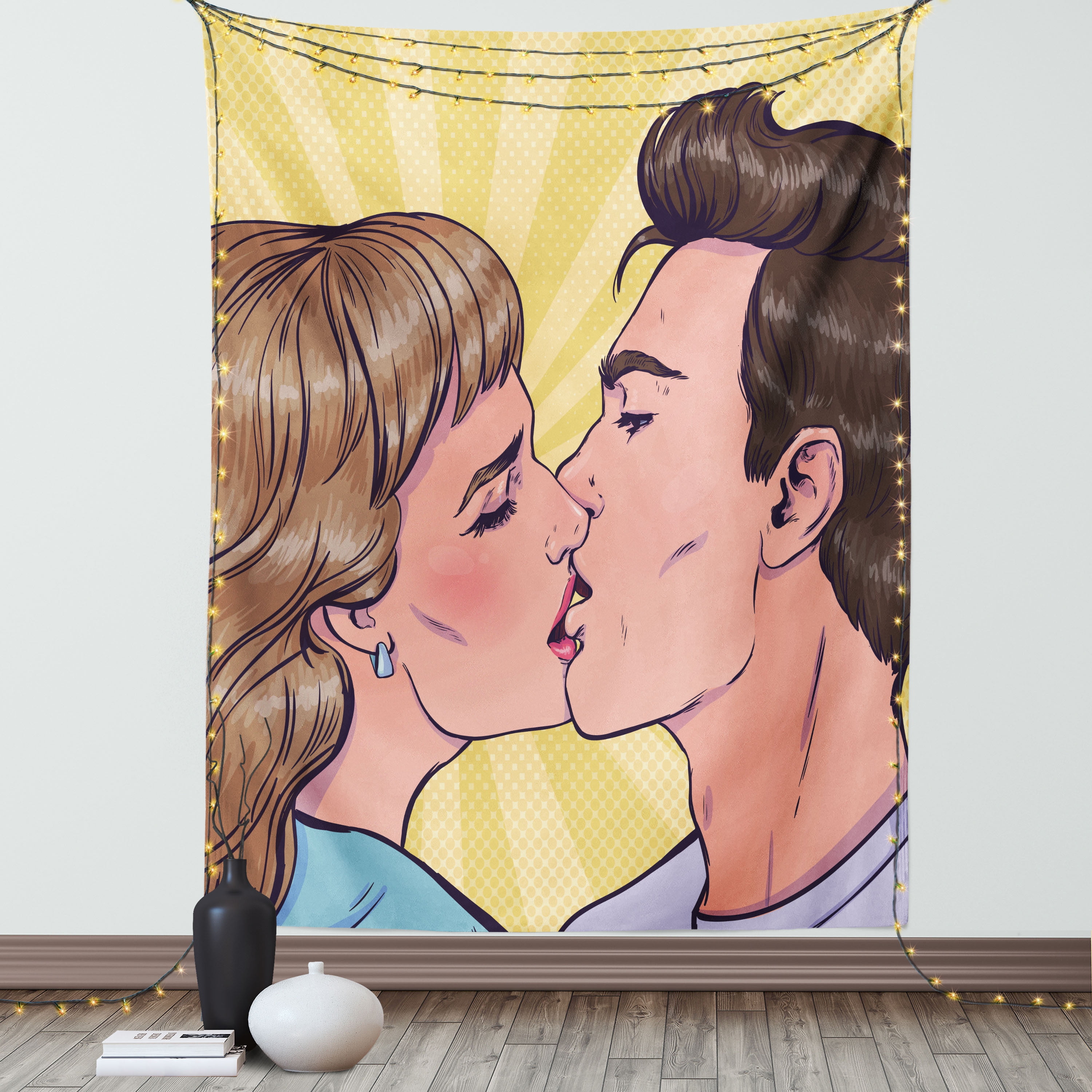 Kissing Tapestry, Valentine Romance Themed Comic Book Pattern of Passionate  Man and Woman in Love, Wall Hanging for Bedroom Living Room Dorm Decor, ...