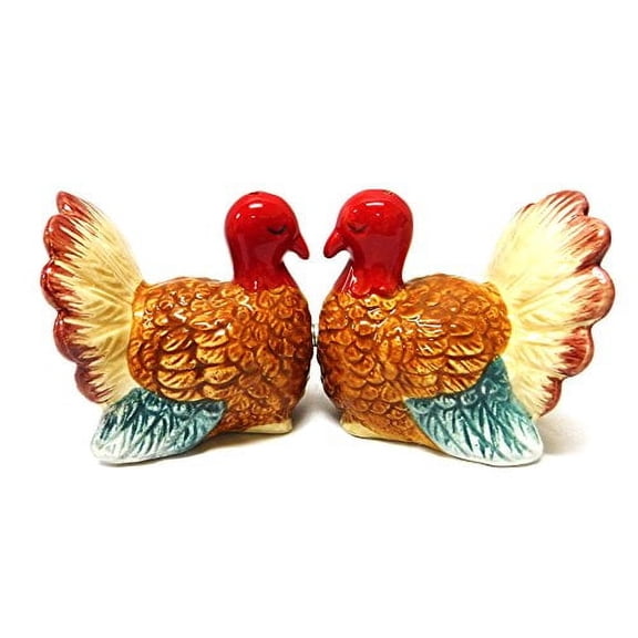 Kissing Thanksgiving Turkey S/2 - One Set Salt And Pepper Shaker 2.5 Inch, Ceramic - Salt Pepper Shaker Magnetic 10463 .