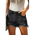 thumbnail image 1 of KISSMODA Women's Black Ripped Denim Shorts, Frayed Mid Rise, Washed, 4-Button, 1 of 6