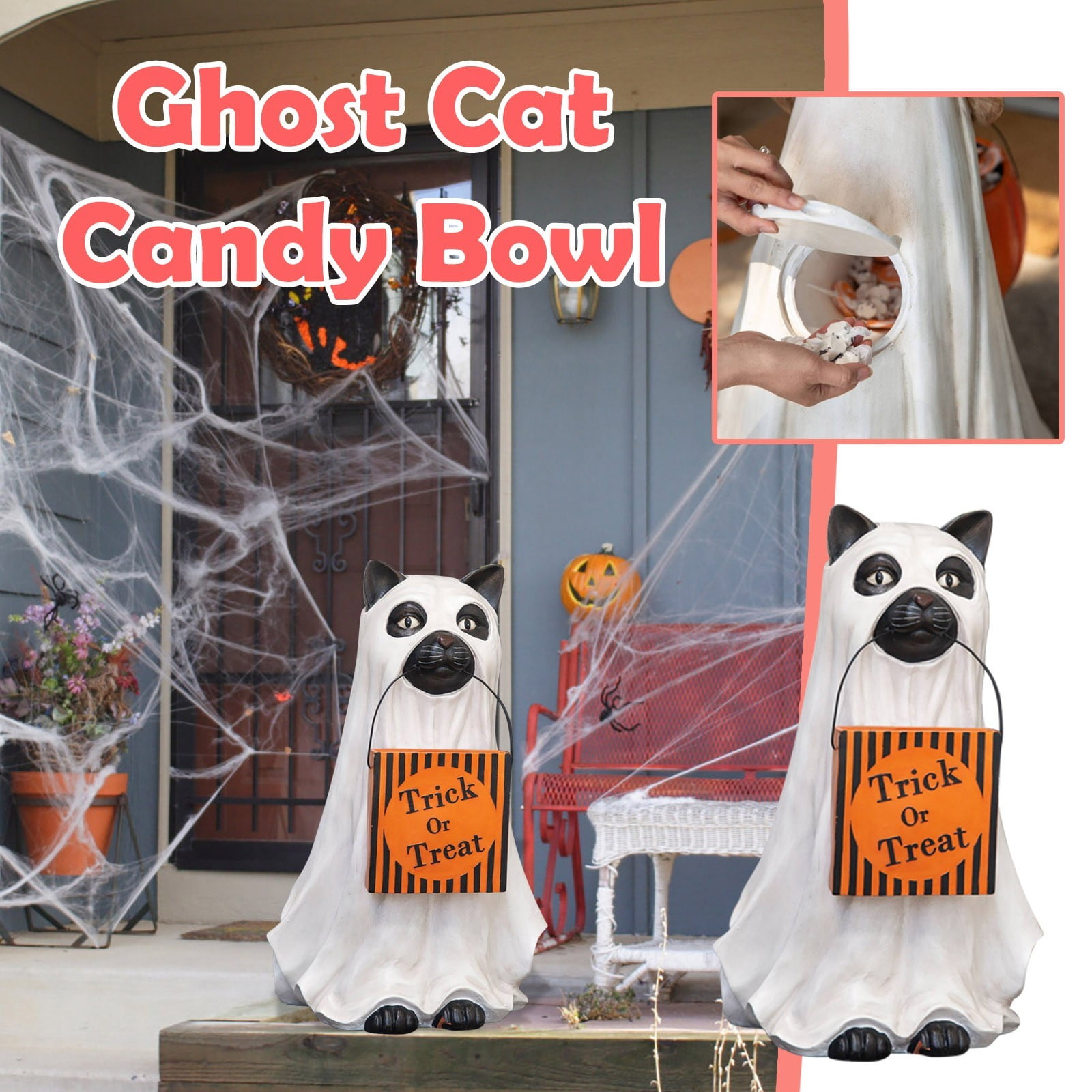 Kissshow Ghost Cat Candy Bowl Holder, Cat Candy Bowl, Outdoor Ghost Cat Candy Bowl, Halloween Candy Bucket, Large Candy Dish