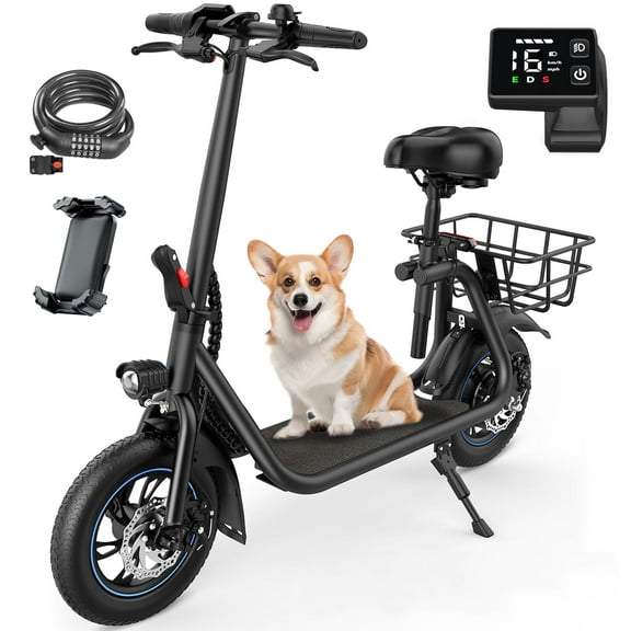 MIHOVER 450W Electric Scooter with Seat, Commuter Electric Scooter for Adult with Basket & Free Phone Holder & Steel Cable Lock & Inner Tube- up to 21 Miles 15.5MPH-Black