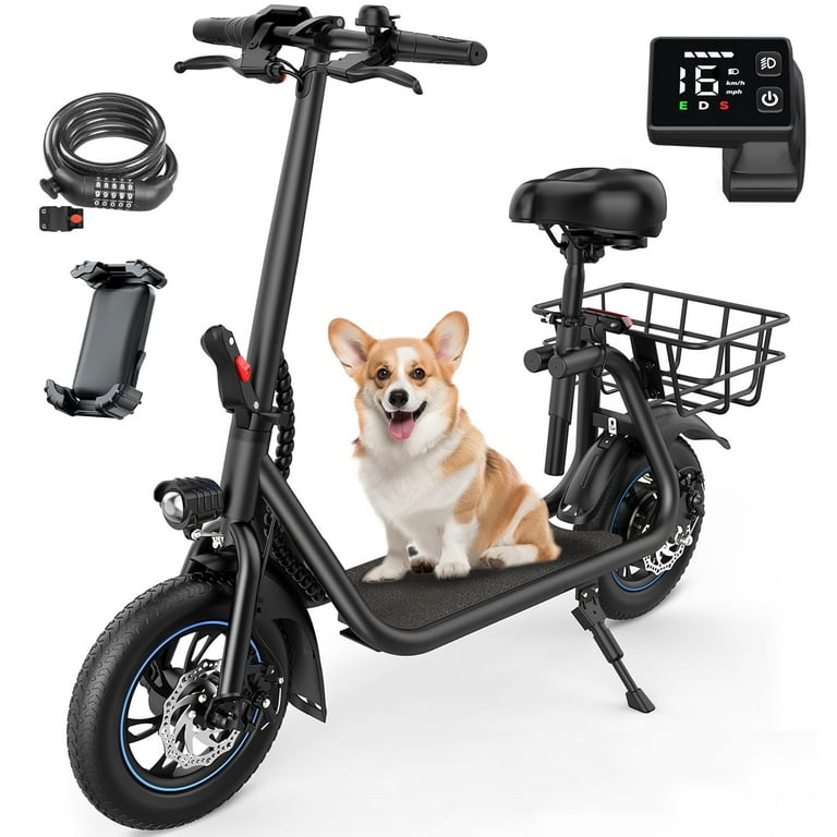 Kistp 450W Electric Scooter with Seat for Adult, 12 inch Commuter Electric Scooter with Basket - up to 21 Miles 15.5MPH