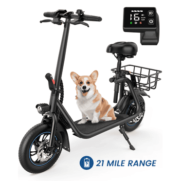 MIHOVER 21 Miles Range Foldable 450W Electric Scooter with Seat for Adult , 12" Wheels, Basket & Adjustable Seat, 16MPH