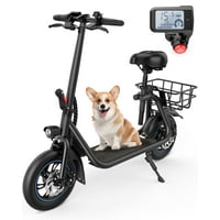 Kistp 450W 12 Inch Commuter Electric Scooter with Seat with Basket & Free Phone Holder & Steel Cable Lock & Inner Tube- up to 21 Miles 15.5MPH