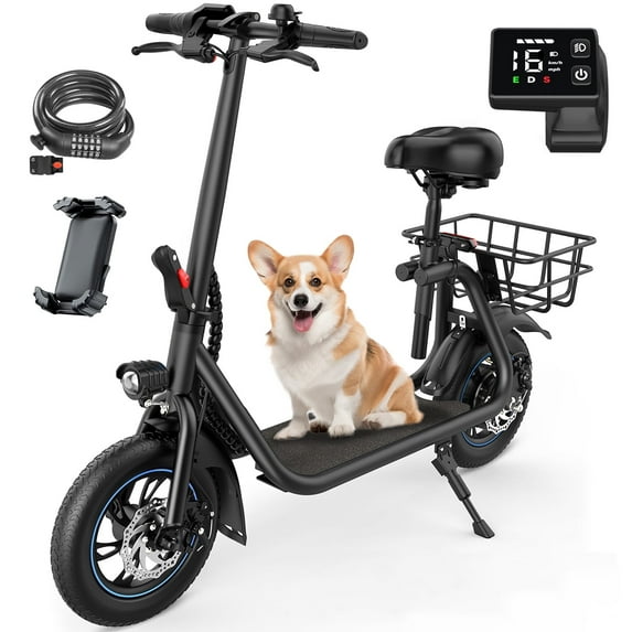 MIHOVER 450W Electric Scooter with Seat, Commuter Electric Scooter for Adult with Basket & Free Phone Holder & Steel Cable Lock & Inner Tube- up to 21 Miles 15.5MPH-Black