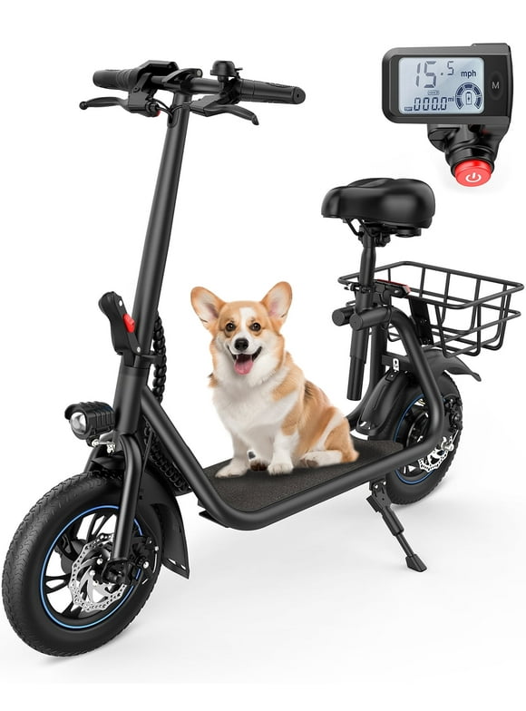 Kistp 450W Electric Scooter with Seat for Adult, 12 inch Commuter Electric Scooter with Basket - up to 21 Miles 15.5MPH