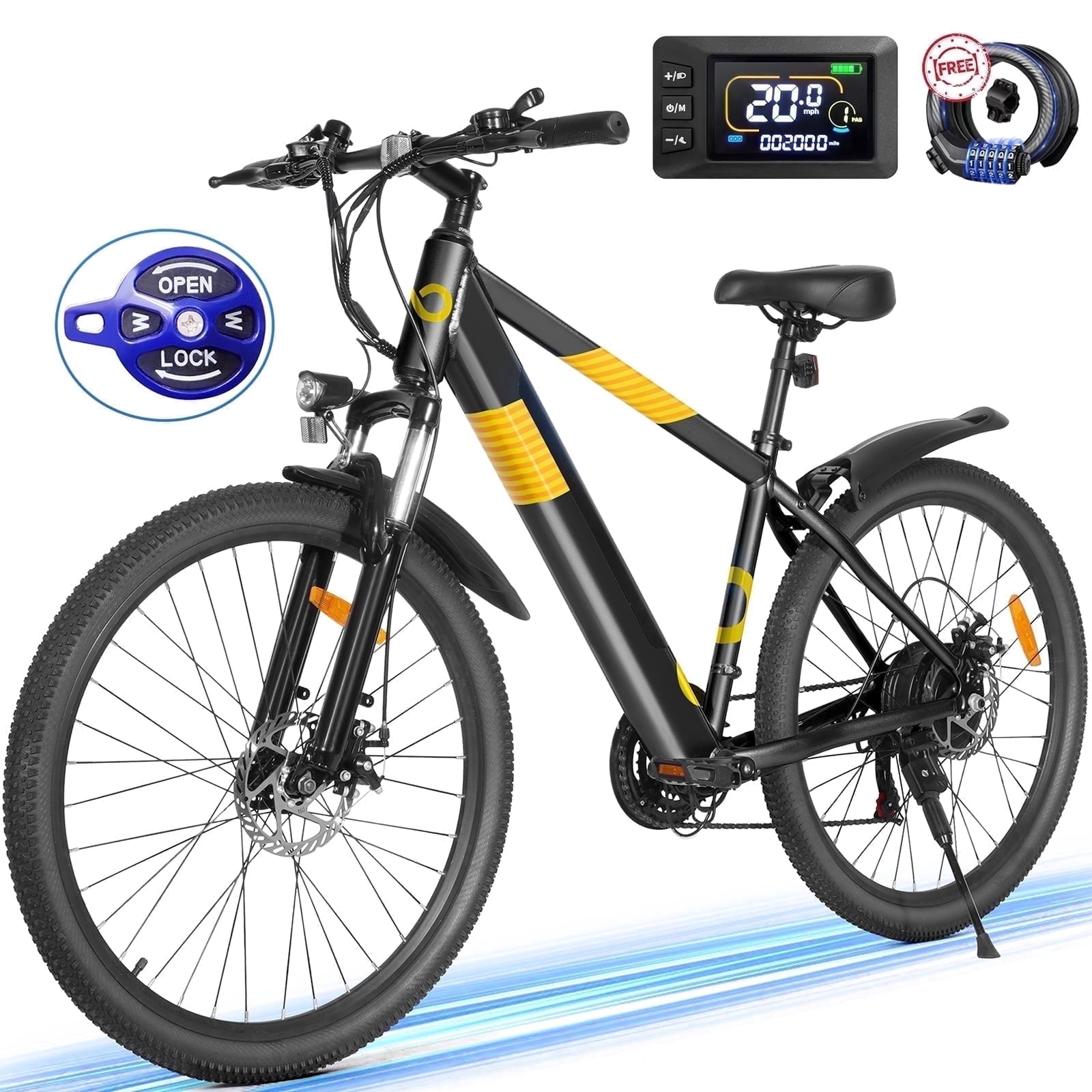 MIHOVER 26*1.95" Electric Bike for Adults 750W Peak 20MPH, 48V Removable Battery 40 Miles, Shimano 21-Speed Adjustable Fork，UL2849 City & Light Off-Road E-Bike with Lock-Black