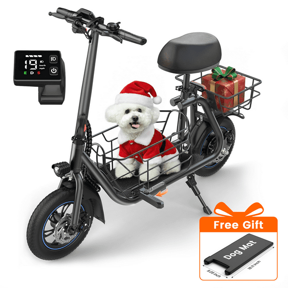 MIHOVER 19MPH Foldable 550W Electric Scooter with Seat for Adult, 12 inch Commuter E Scooter for Pets with Front & Back Basket & Dog Mat, Bigger Seat - up to 21 Miles