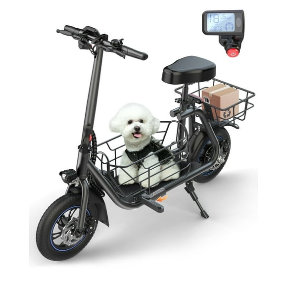 MIHOVER 550W Electric Scooter with Seat for Adult, 12 inch Commuter Electric Scooter for Pets with Front & Back Basket for Pets, Bigger Seat - up to 20 Miles 18.6MPH